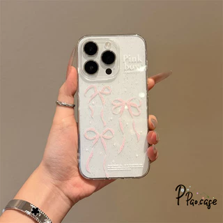 สำหรับ IPhone 13 17 16 Air 15 12 11 14 Pro Max XR X XS 7 8 14 15 6 Plus โรแมนติกสีชมพูโบว์ผูกปมผงซิลิโคนแวววาวฝาครอบใส