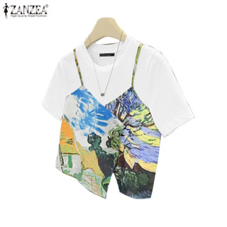 ซานเซีย (ZANZEA) เสื้อยืดสไตล์เกาหลีสำหรับผู้หญิง คอกลมแขนสั…