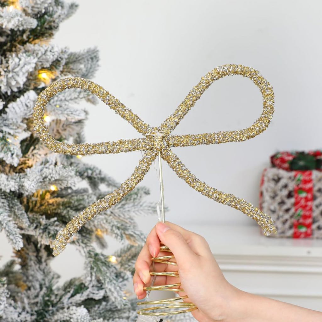 Retisee 9.8′′ Christmas Bow Tree Topper Gold Rhinestone Bow LED Tree Topper ตกแต่งคริสต์มาสตกแต่งสํา