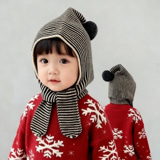 [2-8 ปี] หมวกฤดูหนาวสไตล์เกาหลี พร้อมพันคอรวม อบอุ่น กันลม ก…