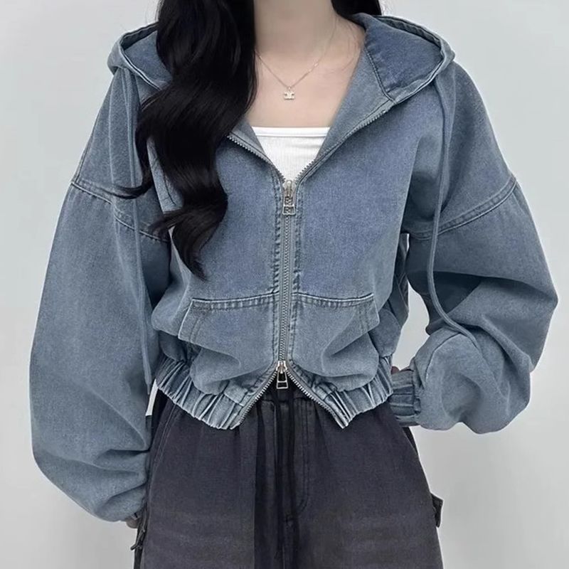 Retro สไตล์ฮ่องกงซิปคู่หลวม Hooded Denim แจ็คเก็ตผู้หญิงฤดูใบไม้ผลิฤดูใบไม้ร่วง Casual All-Match สั้นเสื้อแขนยาวด้านบน