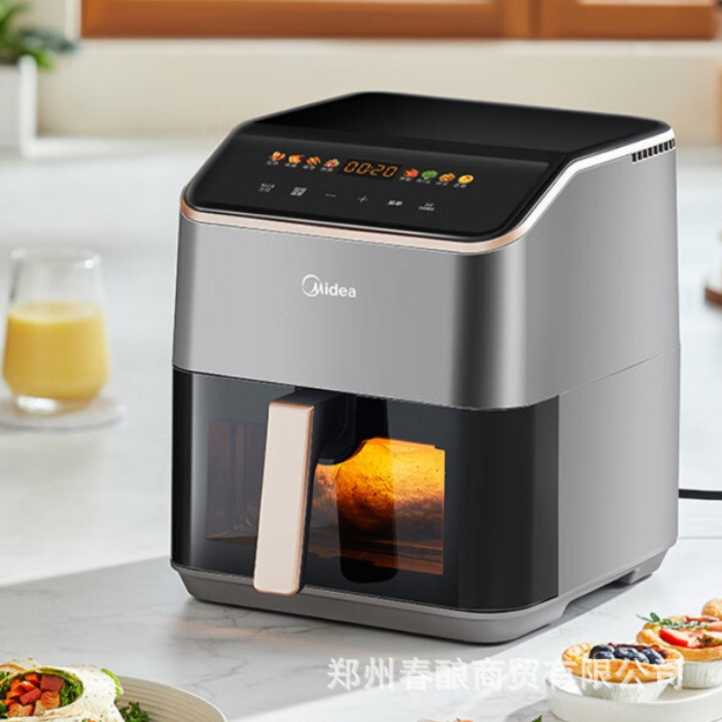 หม้อทอดไร้น้ำมัน Midea แบบไม่ต้องพลิกมองเห็นได้ในครัวเรือน5.3L หม้ออบและเตาอบแบบรวมหลายฟังก์ชัน ทำคว