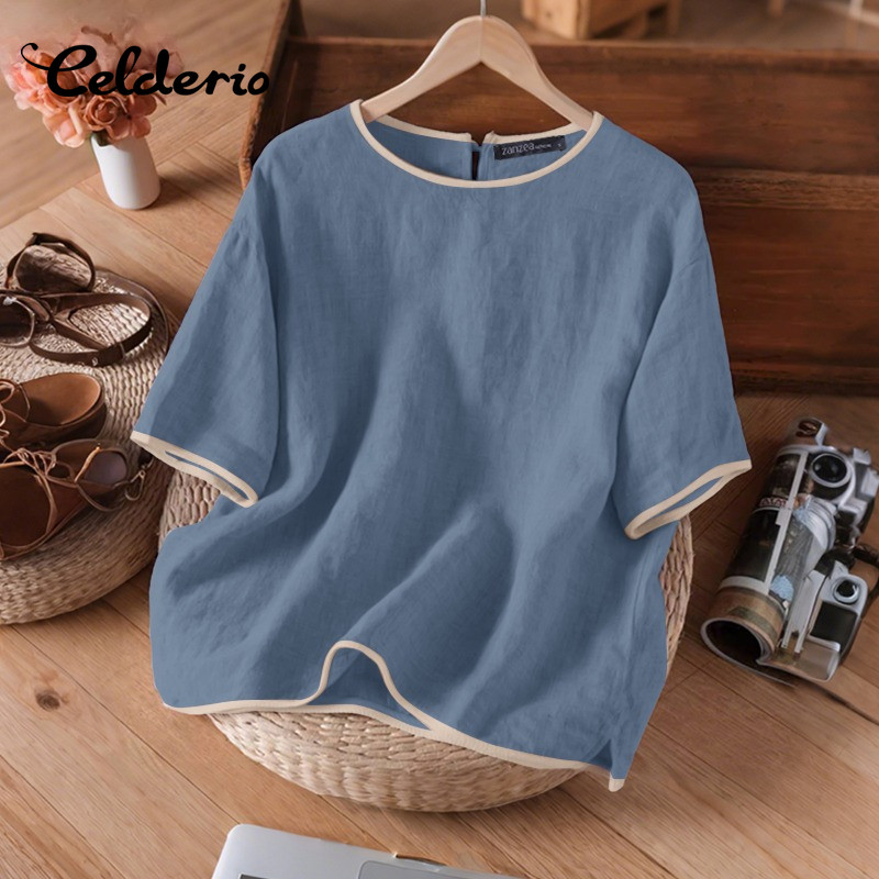 Celderio เสื้อแขนสั้นสำหรับผู้หญิง ดีไซน์ฤดูร้อน มีขอบรอบคอกว้าง สไตล์ทึบ