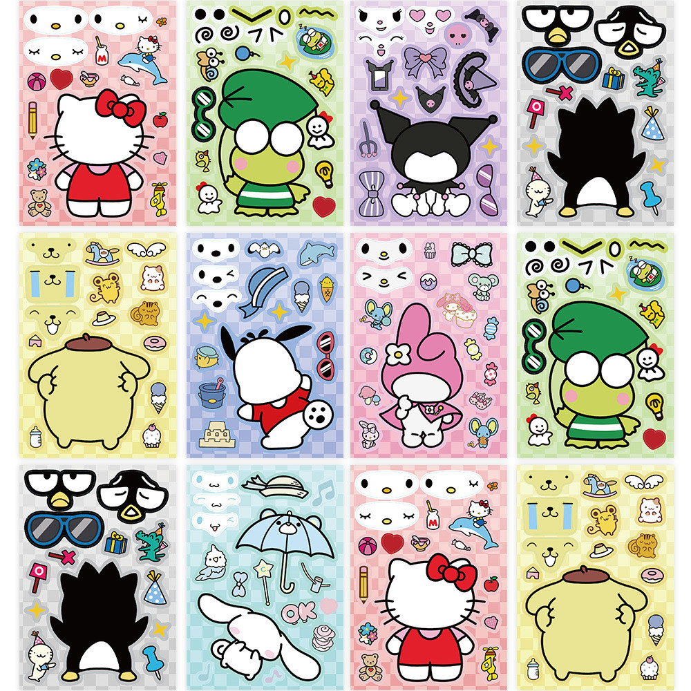 16 แผ่นของเล่นสติกเกอร์ปริศนาการ์ตูน Hello Kitty Kuromi Melody Make A Face สติกเกอร์หัตถกรรมกันน้ําส