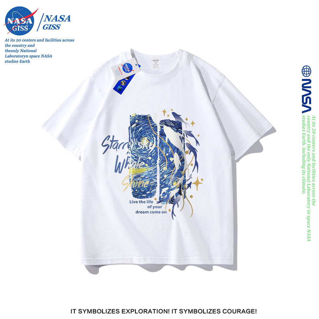 NASA เสื้อยืดชายหญิงแขนสั้น สตรีทฮิปฮอป summer คืนที่เต็มไปด้วยดวงดาว พิมพ์ลาย คอตตอน คอกลม หลวมและระบายอากาศ