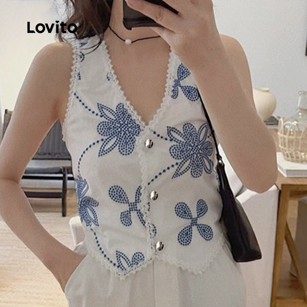 Lovito เสื้อครอปแบบลำลองดอกไม้ปุ่มหน้านุ่มและสบายสำหรับผู้หญิงฤดูใบไม้ผลิ/ฤดูร้อน L141ED002