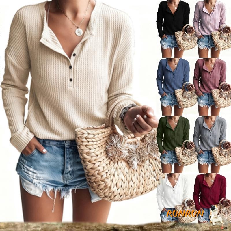 .RUNN womens waffle knit tunic top ลายวัฟเฟิล ทรงหลวม แขนยาว มีปุ่มด้านหน้าแบบ henley