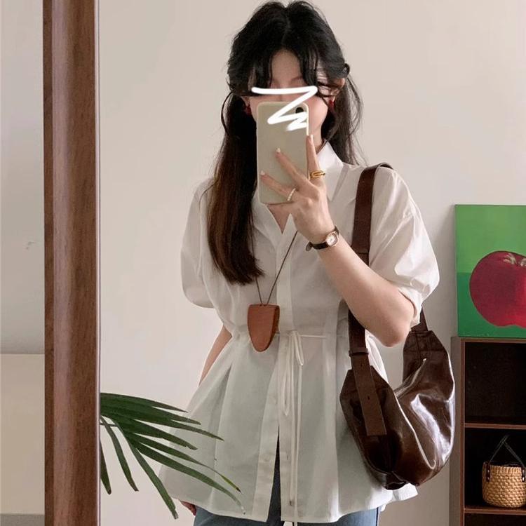 Baby Grape#W473 เสื้อแขนยาว เสื้อเชิ้ตสไตล์เกาหลี คอวีเรียบหรู เอวผูกเข็มขัด ทรงครอป คัตติ้งเกาหลี