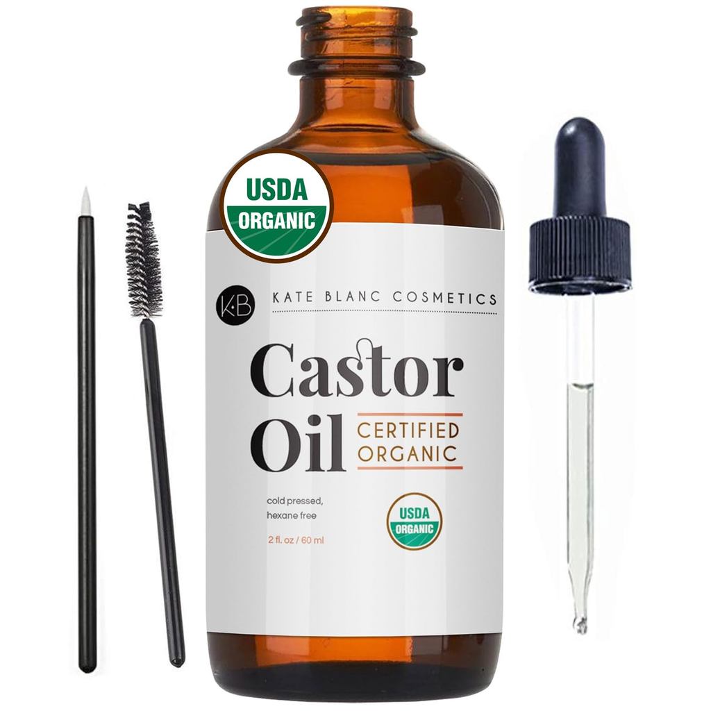 Kate Blanc Cosmetics Castor Oil Organic for Hair, Lashes, Face (2oz), Pure 100%, Cold Pressed, Hexan