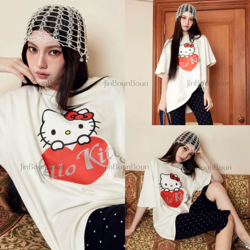 Jbb.Shop | เสื้อ kitty,เกาหลีน่ารัก y2k เสื้อลายแมวผ่อนปรนเสื้อแขนสั้น t shirts