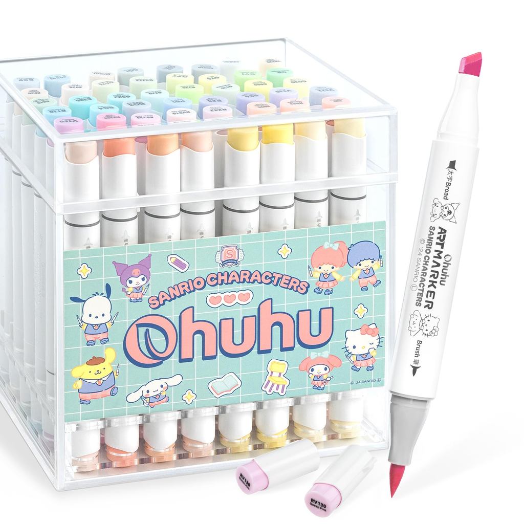 Ohuhu Illustration Markers, Brush and Bold, 48 Colors, Pastel and Light Shades, Sanrio x Ohuhu Colla