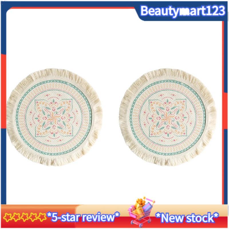 BM2Pcs พิมพ์ Place Mat Bohemian พู่พิมพ์ Coaster สําหรับฉนวนกันความร้อนบ้านวงกลมรูปร่างโต๊ะอาหารค่ํา