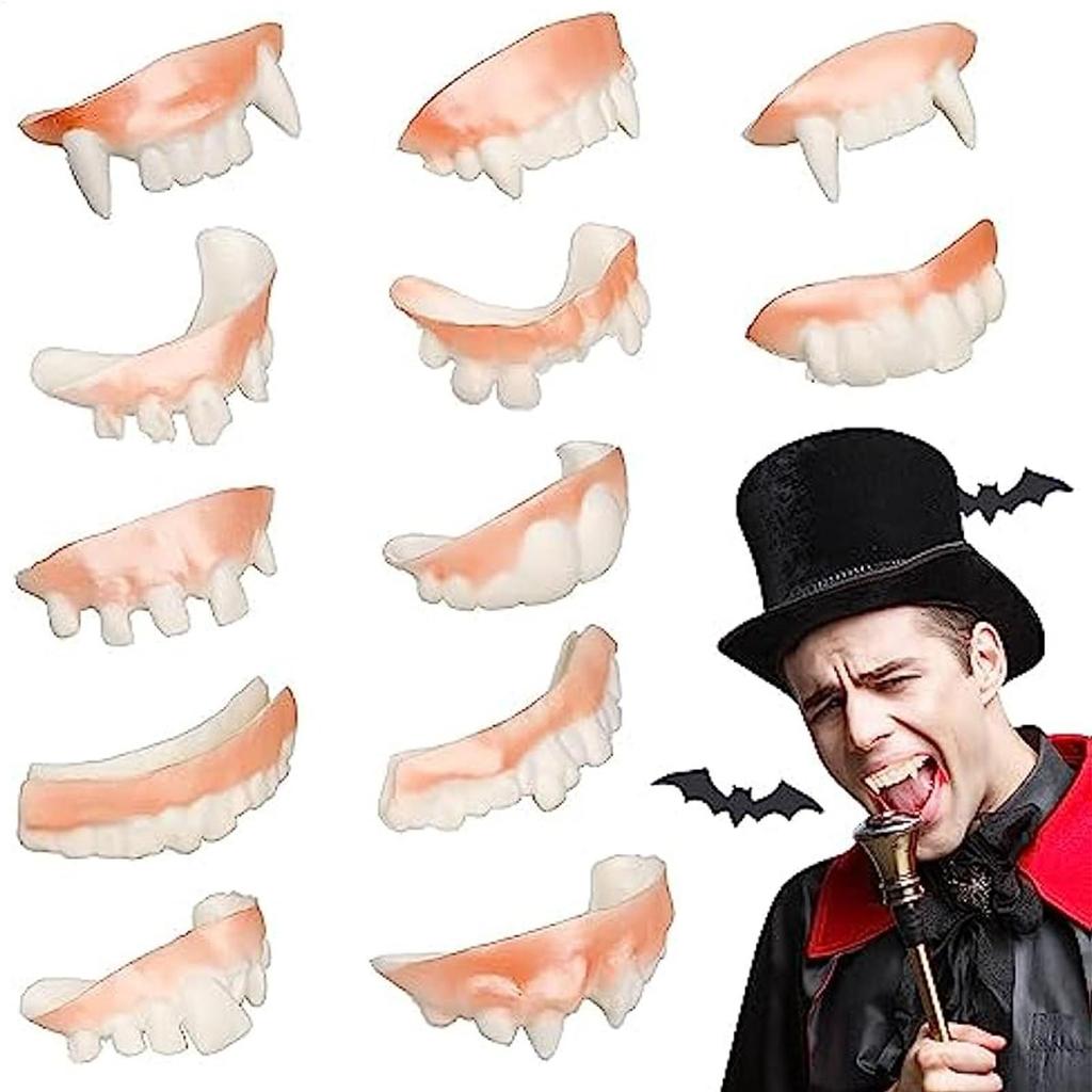 Vampire Fangs แวมไพร์ฟันปลอม 12 ชิ้นล้างทําความสะอาดได้ฟันปลอมที่สมจริงสําหรับเด็กธีมสยองขวัญวันเกิด