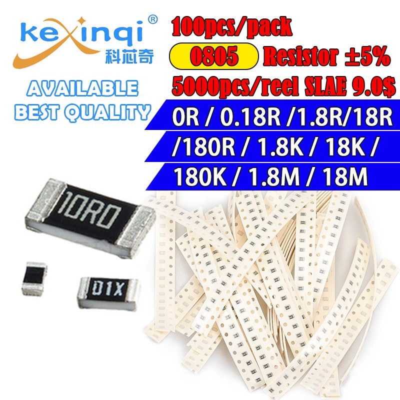 100 ชิ้น/ล็อต SMD 0805 ตัวต้านทาน 5% 1/8W 0R Ohm 0.18R 1.8R 18R 180R 1.8K 18K 180K 1.8M 18M