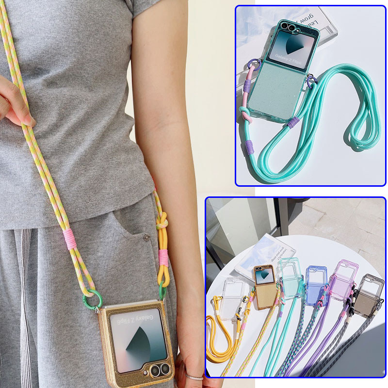 SAMSUNG Slim Bling GlitterปลอกสีสันสําหรับSamsung Galaxy Z Flip 7 Flip 7FE Z Flip 6 Z Flip 5 Z Flip 4 Z Flip 3 กรณีCrossbody Lanyard Soft TPUกันกระแทก