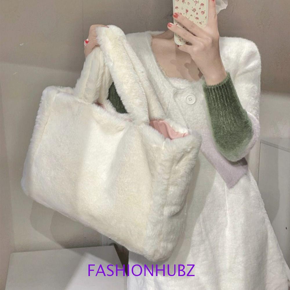 Fashionhubz Plush Tote Bag,ความจุขนาดใหญ่สีทึบFaux Fur Tote Bag,แฟชั่นTravel Soft Furry Schoolไหล่กระเป๋าถือสาว