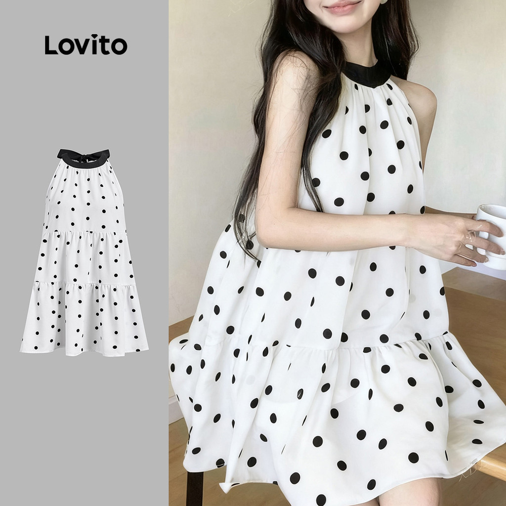 Lovito ชุดเดรสกางเกงลูกไม้แบบสบายๆ ฤดูใบไม้ผลิ/ฤดูร้อน สีดำและขาว สำหรับผู้หญิง L155ED227