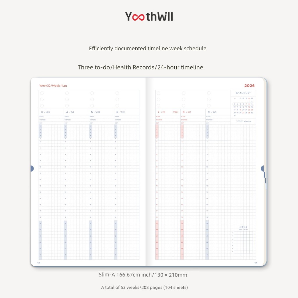 สมุดแพลนเนอร์ แพลนเนอร์ 2026 ตระหนักถึงไทม์ไลน์ประสิทธิภาพ2026 YouthWill กำหนดการรายสัปดาห์การจัดการ