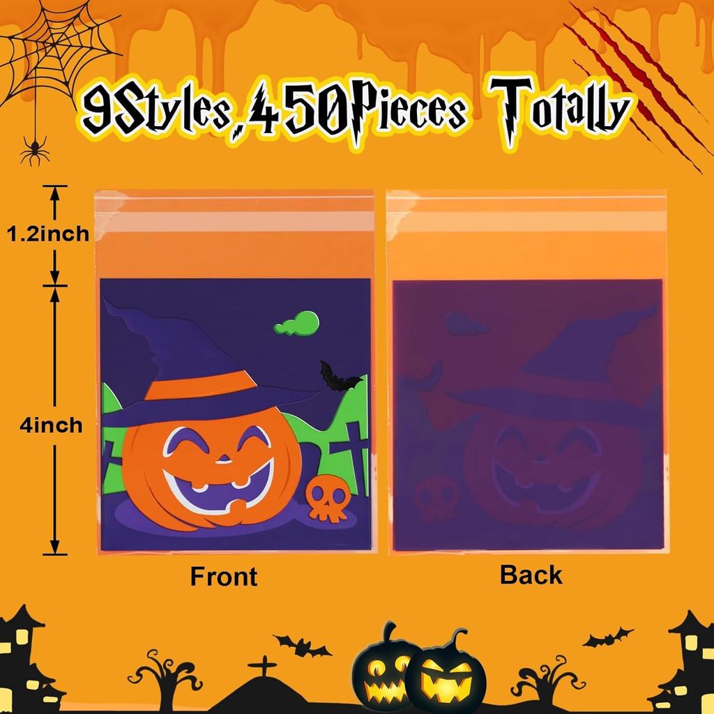 FEBSNOW Halloween 450pcs Self-adhesive Candy Cellophane Treat Bags Cookie Bags for Halloween Trick o