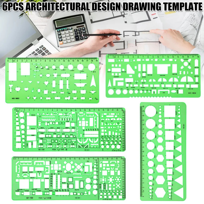 6 Pcs Architect Multi Purpose Drawing Template Painting Measuring Template for Building Formwork Dra
