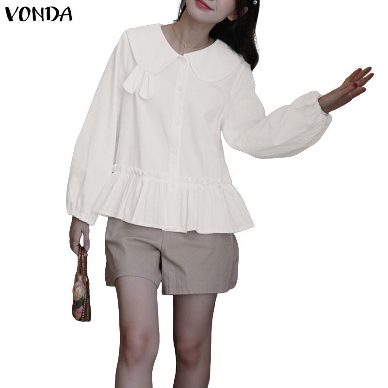 VONDA เสื้อผ้าสไตล์เกาหลี girly สำหรับผู้หญิง ดีไซน์แขนระบายและชายเสื้อลูกไม้
