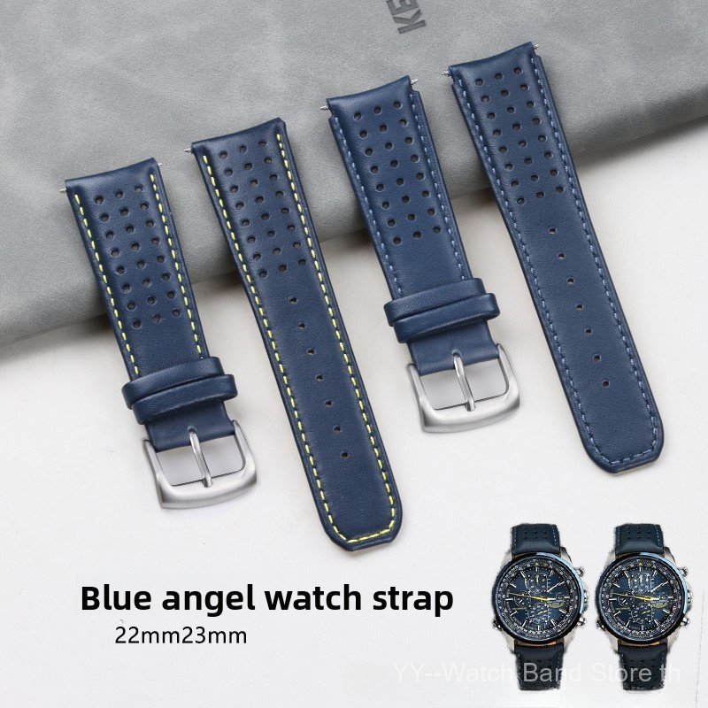 22/23 มม.สําหรับ Blue Angels 1/2/3 Gen AT8020 สายรัดข้อมือหนังแท้สีฟ้า Multi-Hole Breathable Band