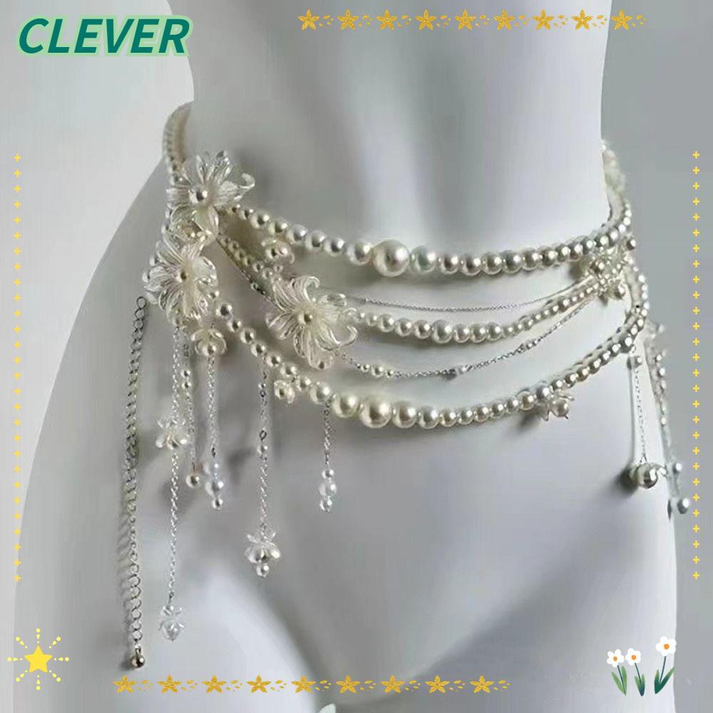 CLEVER ห่วงโซ่มุกสำหรับเอว สไตล์โบฮีเมียน สร้อยเอวดอกไม้ เพื่อความหรูหราและแฟชั่น