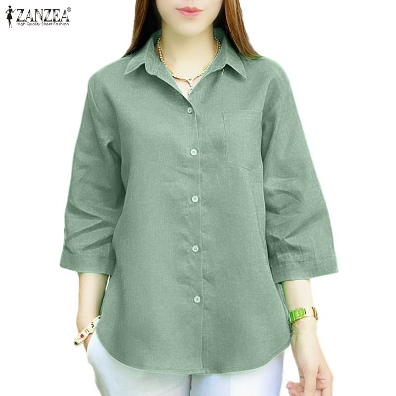 ZANZEA ชุดทำงานสไตล์เกาหลีสำหรับผู้หญิง แขนสามส่วน เปิดหน้าอก ปุ่มตัวเสื้อ