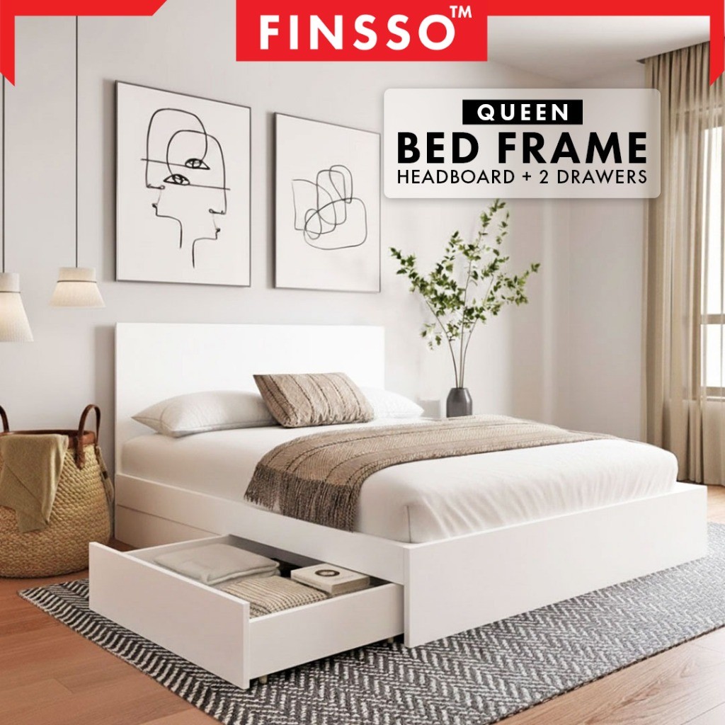 💐Finsso💐เตียง เตียงไม้ โครงเตียง พื้นเตียงมีลิ้นชัก ขนาด 5 ฟุต สไตล์มินิมอล คุณภาพดี Queen Size Snow Bed Frame/ เตียงนอน