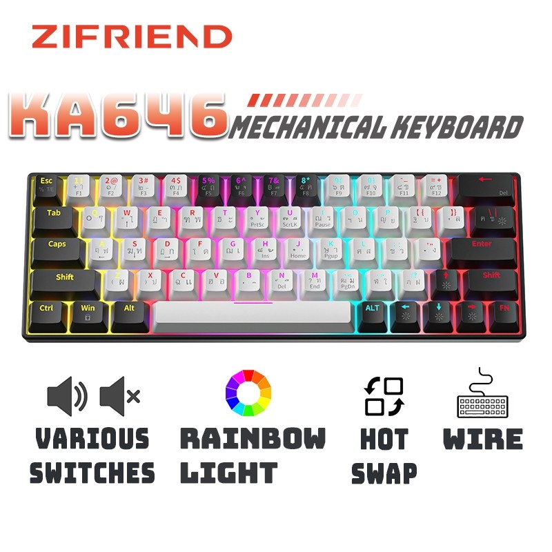 Zifriend KA646 คีย์บอร์ดเมคคานิคอล 63 คีย์ แบบใช้สาย สําหรับเล่นเกมส์ สํานักงาน