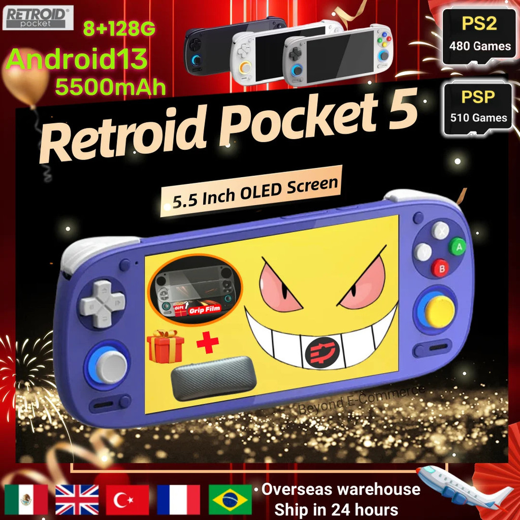 Retroid Pocket 5 Rp5 Retro คอนโซลเกมมือถือคอนโซลวิดีโอเกม Sd865 8g + 128g Android13 5.5 นิ้ว Oled หน