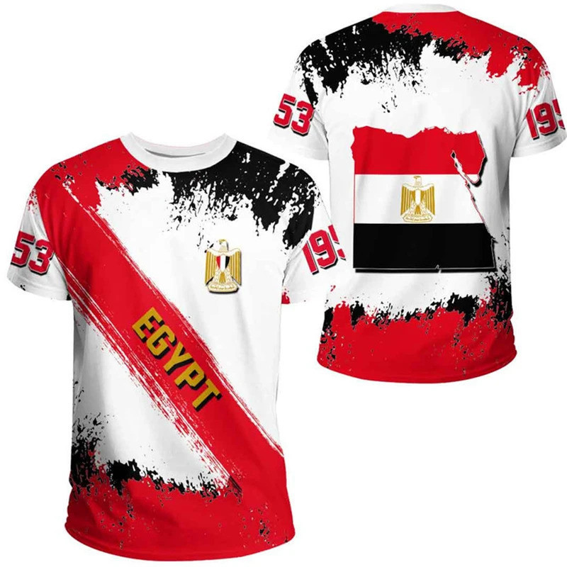 เสื้อยืด 3D พิมพ์ ธงอียิปต์ EG Emblem แขนสั้น O-คอขนาดใหญ่ เสื้อกีฬา