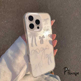 สำหรับ IPhone 13 17 16 Air 15 12 11 14 Pro Max XR X XS 7 8 14 15 6 Plus โรแมนติกสีชมพูโบว์ผูกปมผงซิลิโคนแวววาวฝาครอบใส