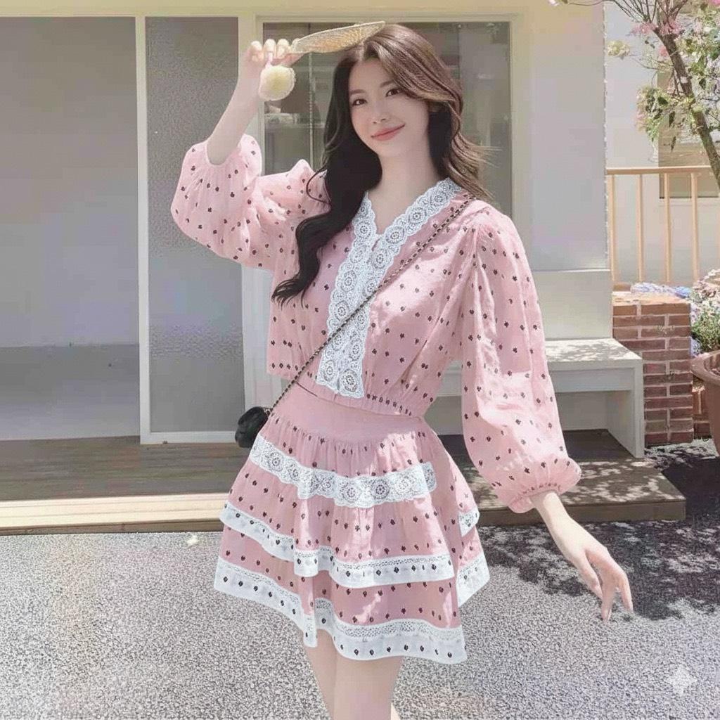 ชุดเซ็ต2ชิ้น แขนยาวและกระโปรง เอวยืดได้ดี ใส่สบาย งานปักแต่งลูกไม้ มีซับในให้ -B1451