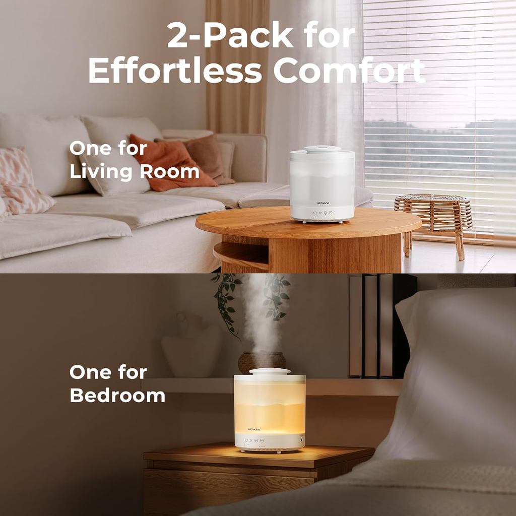 Homvana Small Humidifiers for Bedroom - 2 Packs 1.8L Cool Mist Top Fill Humidifier for Baby Nursery,