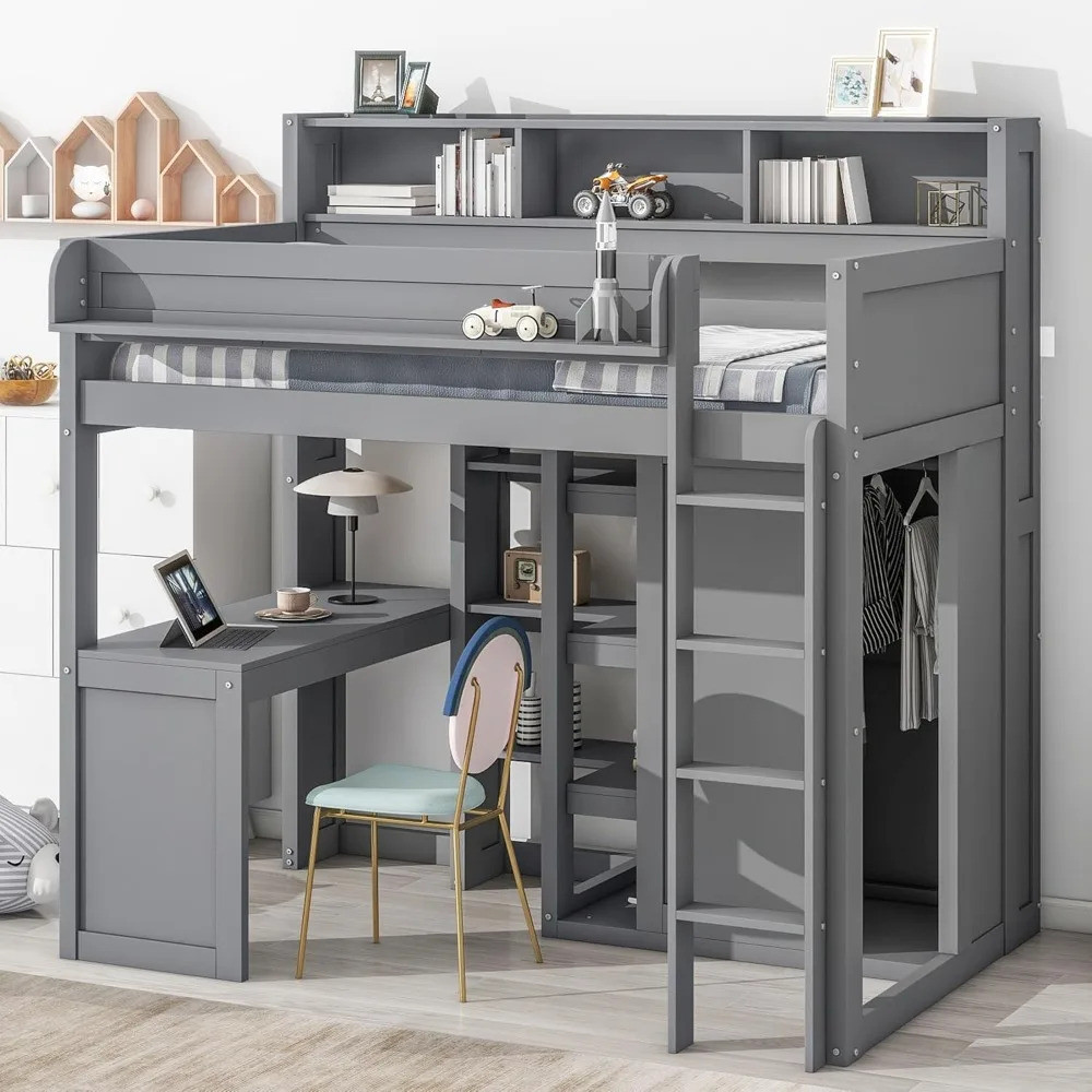 Twin Loft Bed.twin Size Loft Bed พร้อมตู้เสื้อผ้า, โต๊ะและชั้นเก็บของหลายตัว, โครงเตียง Loft ไม้เนื้