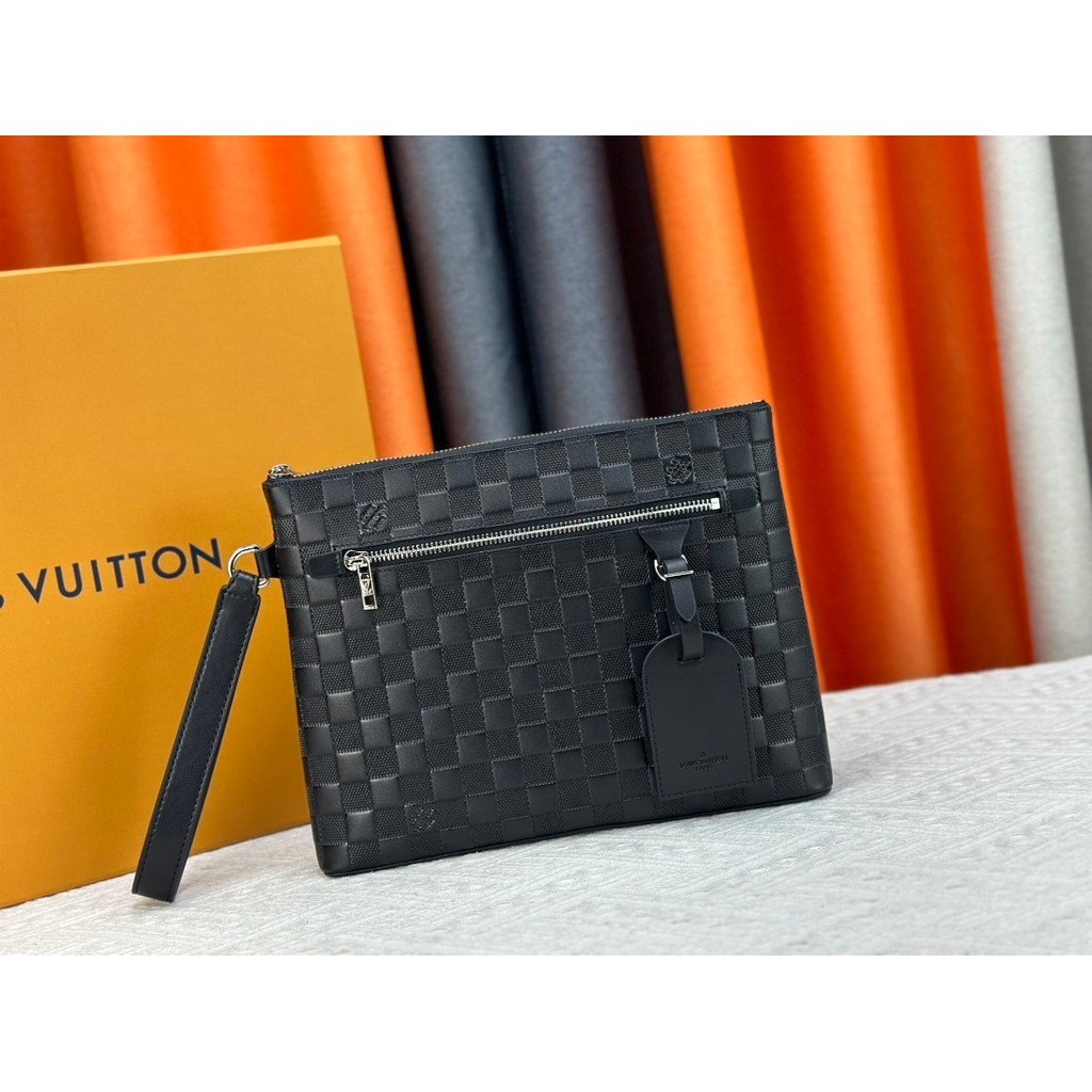 กระเป๋าผู้ชายสีดําคลาสสิกสบายๆเคลือบผ้าใบกระดานหมากรุกกระดานหมากรุกซิปคลัทช์กระเป๋าไฟล์40504 (จัดส่ง