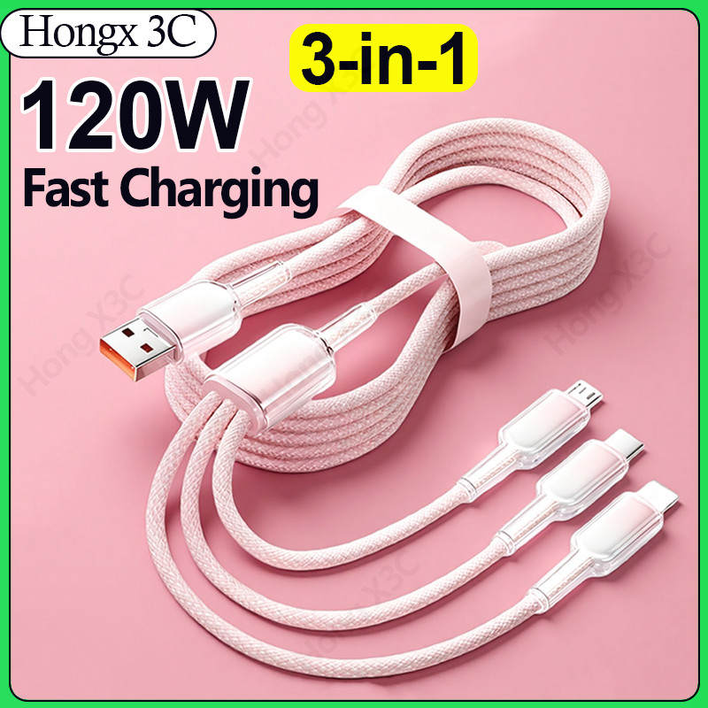 3-in-1 Mirco USB Type C IOS Data Cable 120W Super Fast Charging Braided Cable 1M 2M ข้อมูลรถโทรศัพท์ชาร์จสายไฟสําหรับ IOS/Type C/Mirco