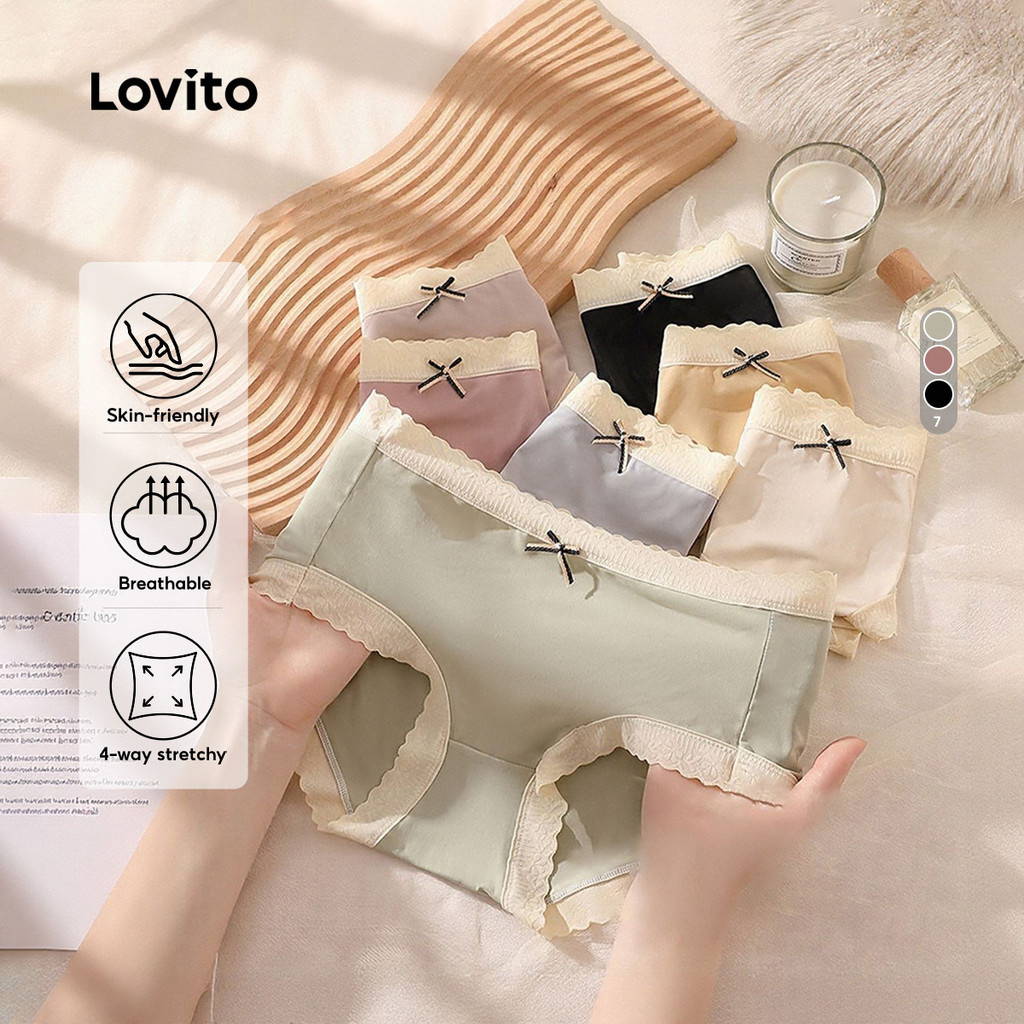 Lovito ชุดเซ็ท 3 ชิ้นใน 1 แพ็ค สีบล็อก ผ้าแคลคอทหมอก ผ้าฝ้าย ยืดหยุ่น 4 ทิศทาง สวมใส่สบาย สําหรับผู้