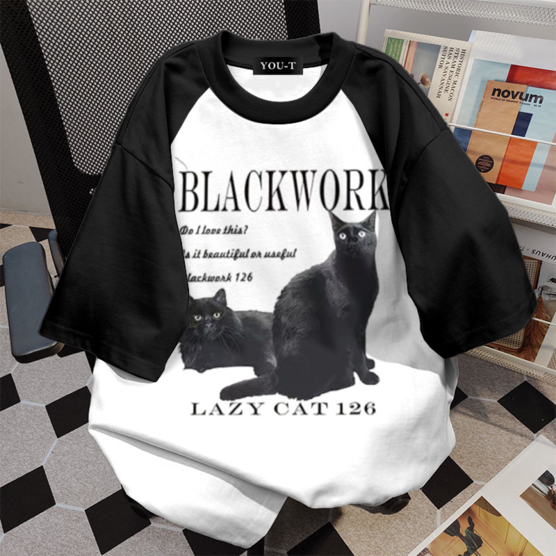 Y-T🧸เสื้อแฟชั่น เสื้อยืด oversize ผ้าฝ้าย100% แนวสตรีท ไม่ต้องรีดผ้า สวมใส่สบาย ผ้านิ่ม ลาย'BLACKWORK CAT'