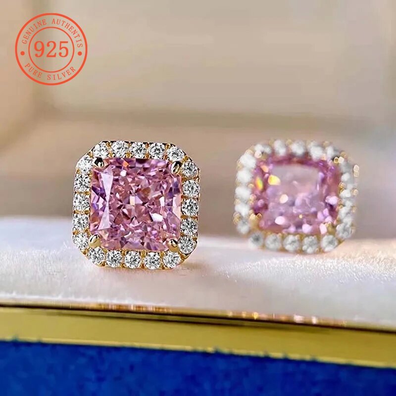 SHEFULI คลาสสิกและระดับไฮเอนด์สแควร์เพชรเต็มสีชมพูต่างหูสร้อยคอ CSX636