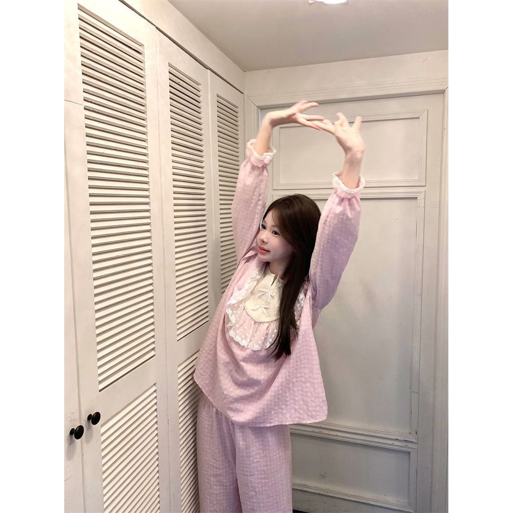 ชุดนอนลายสก๊อตสีชมพู แขนยาวกางเกงขายาว เหมาะสำหรับฤดูใบไม้ผลิและฤดูใบไม้ร่วง - รูปที่ 7