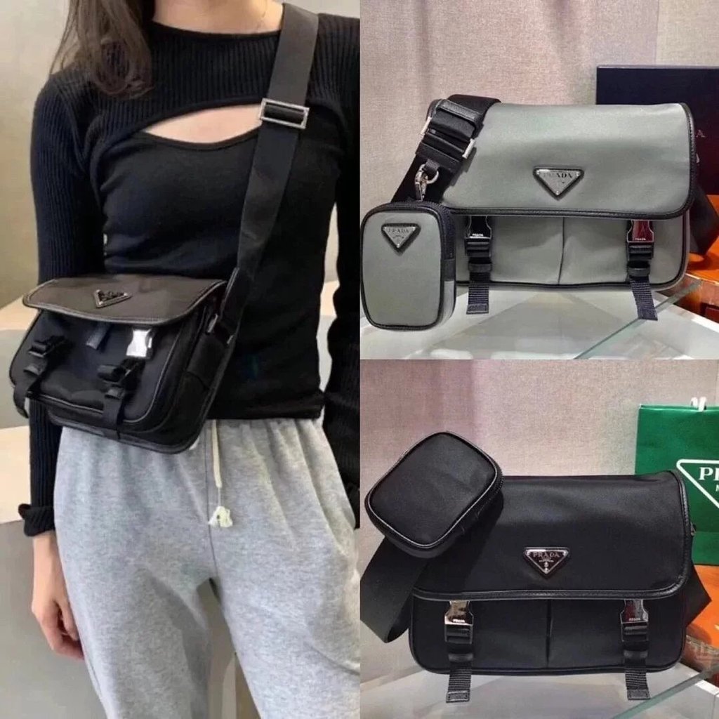 Prada Prada Prada กระเป๋าผู้ชายกระเป๋าสตรีสไตล์ใหม่ hobo Three-in-One Messenger กระเป๋าร่มชูชีพวัสดุ