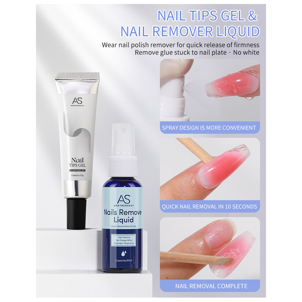 AS เจลกาวติดเล็บหลอดเงิน Nail Tips Gel น้ำยาถอดเล็บขวดน้ำเงิน Nail Remover Liquid -NT nail