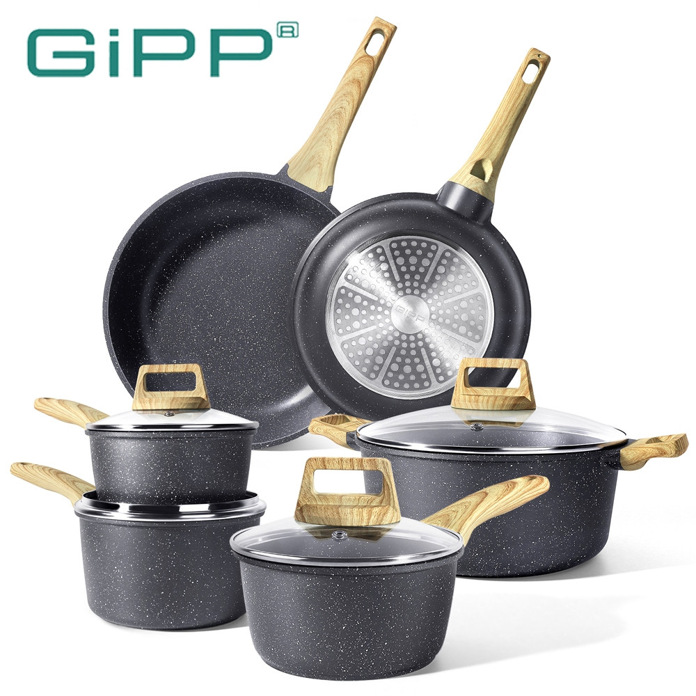 GIPP ชุดเครื่องครัว Non Stick ชุดเครื่องครัวเหนี่ยวนํา, Kawali Makapal, เคลือบหินแกรนิต (ชุด 10 ชิ้น)