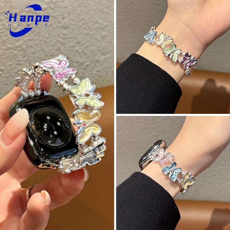 Hanpe สร้อยข้อมือผีเสื้อโลหะสีสันสดใส สําหรับ Apple Watch Ultra 2/S11/S10 49/42/46 มม. และรุ่นอื่น ๆ, สายสแตนเลสใหม่สําหรับ iWatch