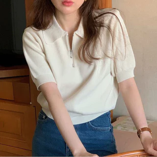 [สต็อก] เสื้อโปโล แขนสั้น ผ้าถัก มีซิป สไตล์เกาหลี สําหรับผู้หญิง