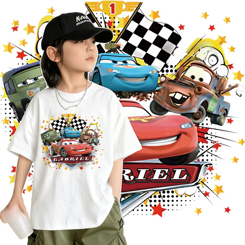 220G 100% CottonNELLY McQueen เสื้อยืดเด็กคอกลมหลวมสั้น, เสื้อยืด McQueen CAR