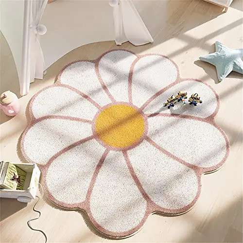 VIKAMA Nordic Area Rugs Round Cute Flower Shaped Shaggy Soft Short Pile Anti Slip Bath Floor Mat Bed