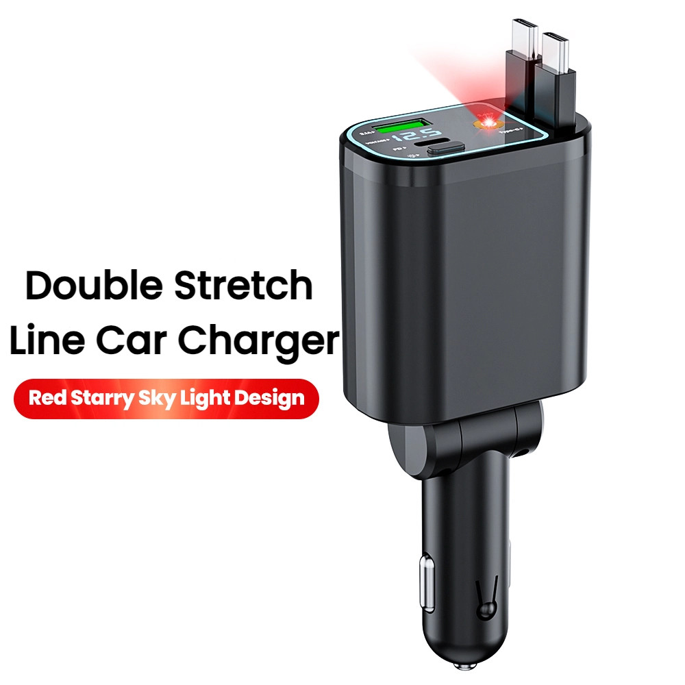 Elough 4-in-1 Retractable USB+ Type C ที่ชาร์จแบตในรถพร้อม Dual Type C/lOS Fast สายชาร์จอะแดปเตอร์ชาร์จโทรศัพท์ในรถยนต์สําหรับโทรศัพท์มือถือที่มี Starry/Blue Light